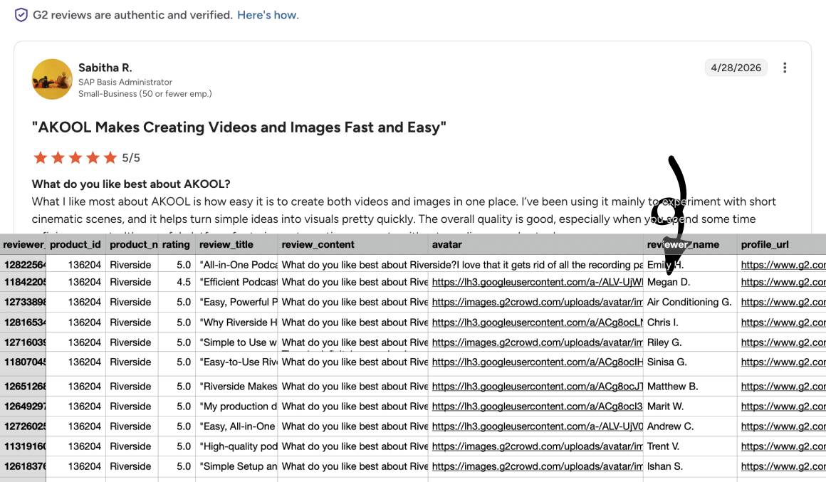 G2 Reviews Scraper exporting product reviews from a G2 page into a CSV spreadsheet
